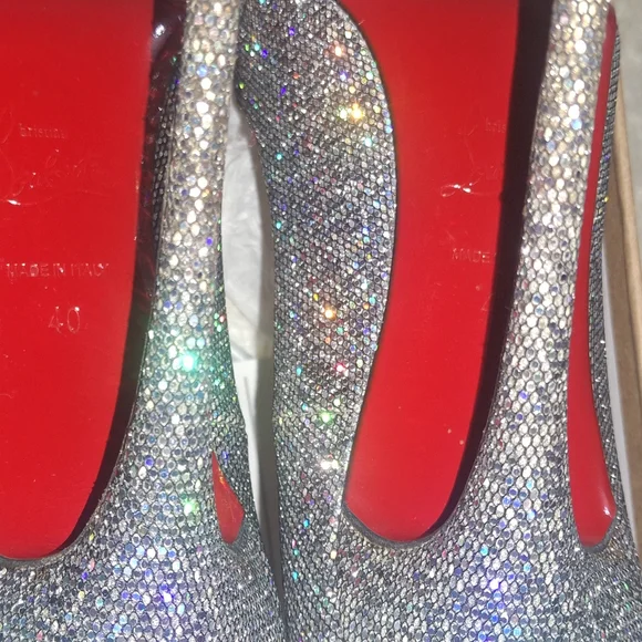 Christian Louboutin Sparkling Silver Heels with Signature Red Sole - Picture 2 of 3